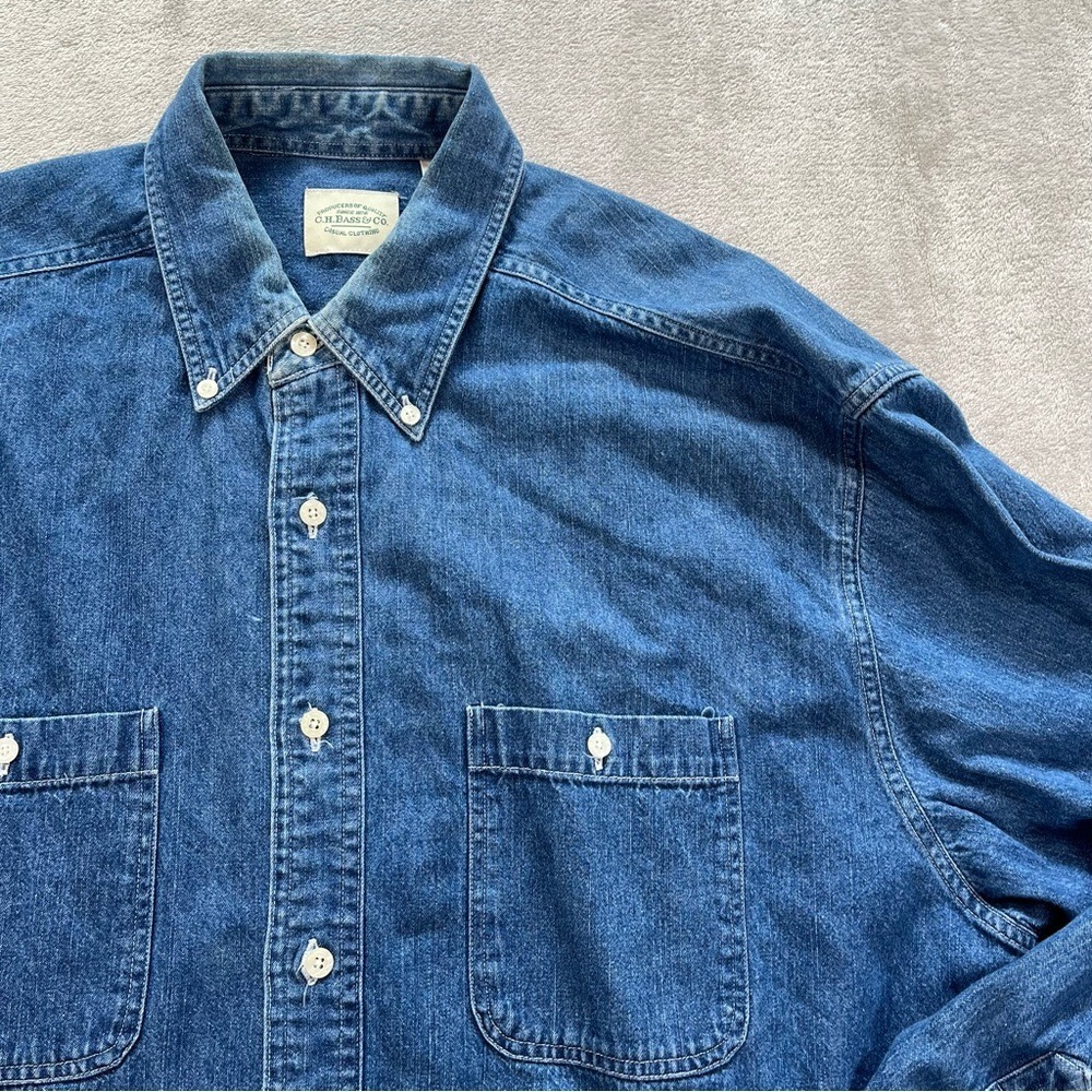 90s Vintage G.H. Bass Denim Shirt L Blue Long Sleeve Cotton Americana Dad Style - Picture 3 of 12